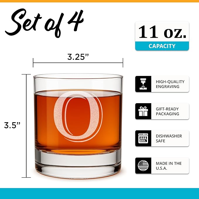 On The Rox Drinks (O-Monogram)- 4 Piece Set of 11 Ounce Engraved Heavy Base Rocks Glasses- Quality Elegant Glass-Multi-Purpose Beverage-Rocks Glass- For any Occasion