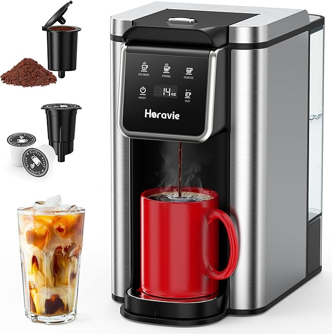 Single Serve Coffee Maker for K-Cup Pod and Grounds, Hot and Iced Coffee Maker, 6 to 14oz Brew Sizes, 50oz Removable Reservoir, Strong Button Feature, Fit 6.5" Mugs, Stainless Steel, Black