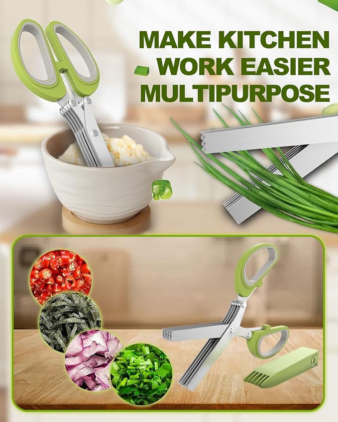 Herb Scissors,Heavy Duty Kitchen Shears for Food,Upgraded Serrated Tip for Garlic Crushing,Salad Chopper Utility Scissors,Herb Cutter with 5 Blades and Cover for Cutting Basil (Green)
