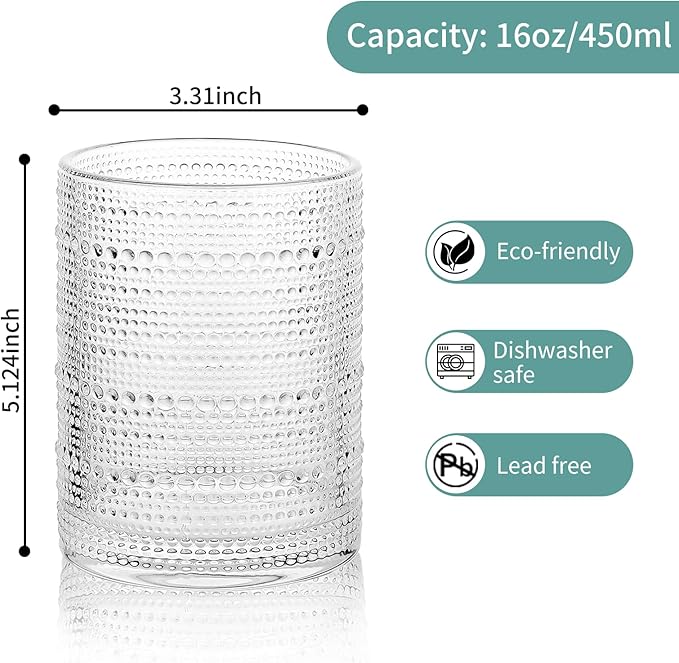 Hobnail Drinking Glasses Set,16 Oz Vintage Embossed Glass Tumbler for Cocktail, Beer, Juice, Water, Whiskey and Kitchen Glassware,6pack