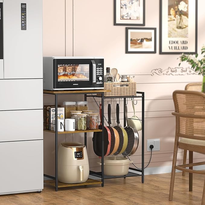 Kitchen Stand with Pots Rack, Utility Microwave Oven Stand with Storage, 5 Tiers Coffee Bar Table, Small Kitchen Bakers Rack with 6 S Hooks, Kitchen Storage Shelf Rack for Spices, Pots, Rustic Brown