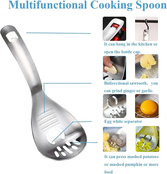 Slotted Spoon,304 Stainless Steel Multi-Functions Cooking Skimmer,Spaghetti Pasta Server Spoon,Ginger Crusher,Potato Press Tool,Egg Separator, Disher Scoop for Kitchen Utensil (Style B)