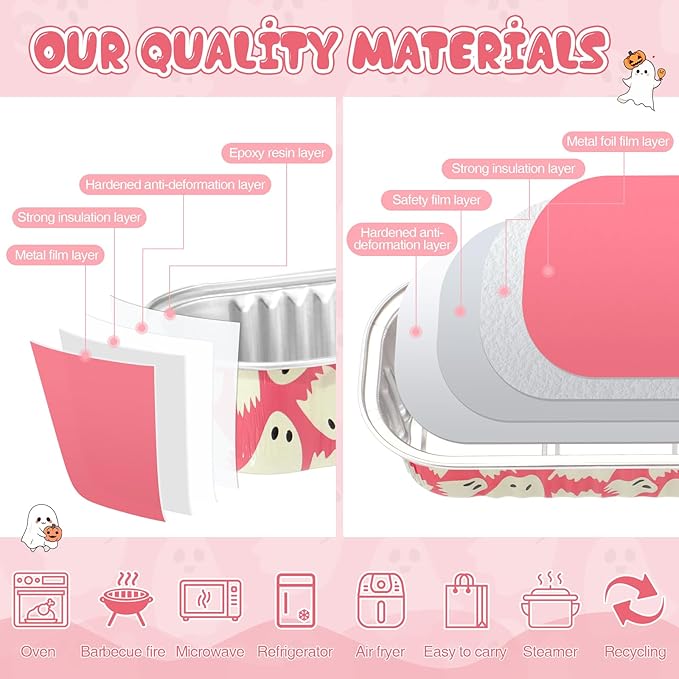 Tioncy 50 Pcs Halloween Mini Pink Loaf Pans with Lids Spoons Sticker Cute Ghost 6.8oz Disposable Rectangle Aluminum Foil Baking Pans Muffin Cupcake Cups for Picnics Birthday Halloween Party Supply