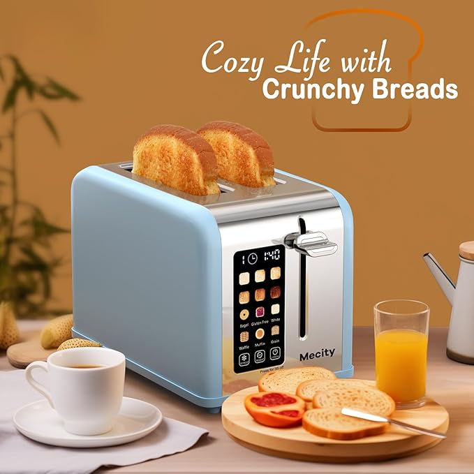 Mecity 2 Slice Touch Screen Toaster, 1.5" Wide Slot, Stainless Steel Smart Toaster for Bagels, Muffins, Waffles, Gluten-Free Breads, Defrost, Reheat, Timer, 120V 825W, Ice Blue