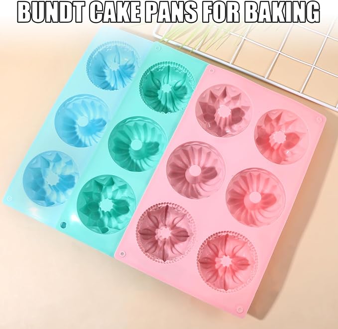 3PCS Mini Bundt Cake Pans for Baking, Non-stick 6 Cavity Silicone Bundt Cake Pan Molds, Multipurpose Molds for Cupcakes Brownies Jellies with Even Heat Transfer Feature for Home Baking(3 Styles)