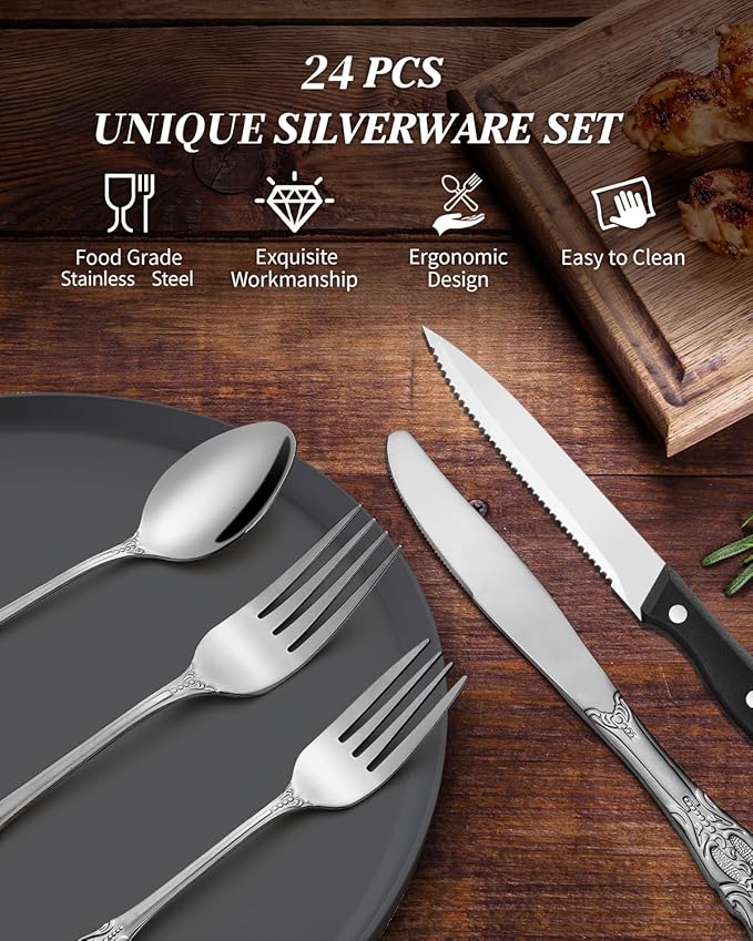 24 Pieces Silverware Set for 4, Retro Royal Flatware Set with Steak Knives, Gorgeous Stainless Steel Cutlery Utensil Set Include Forks Spoons and Knives, Mirror Finish,Dishwasher Safe