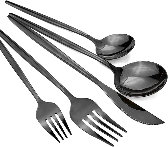 24Pcs Black Mirror Silverware Flatware Set, 18/0 Stainless Steel Cutlery Set Utensils Kitchen Dinnerware Include Knife Fork Spoon and Teaspoon, Service for 4