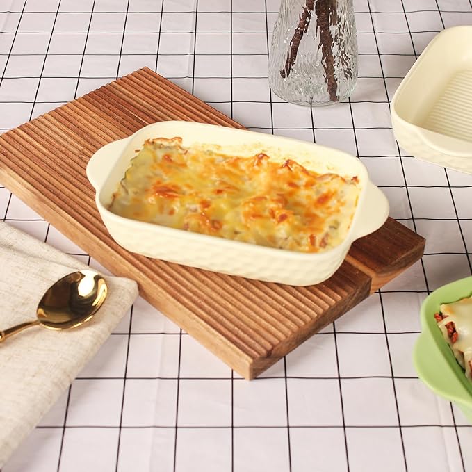 Rectangular Porcelain Baking Dish Set,Au Gratin Dishes,Casserole Dish, Ramekins 21 oz Bakeware Set of 2,Lasagna Pans for Cooking,Cake Dinner,Kitchen, Carry Handles 9.5" x 5.5" (Green