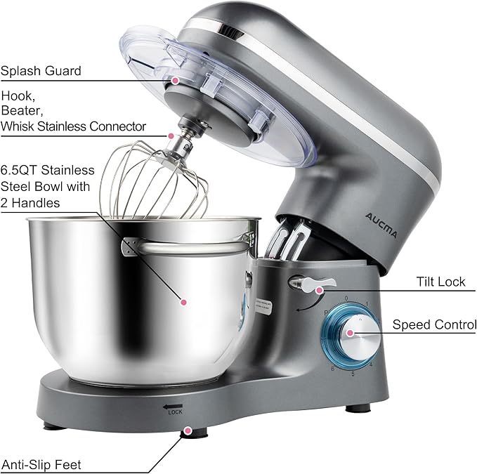 Aucma Stand Mixer,6.5-QT 660W 6-Speed Tilt-Head Food Mixer, Kitchen Electric Mixer with Dough Hook, Wire Whip & Beater (6.5QT, Gray)