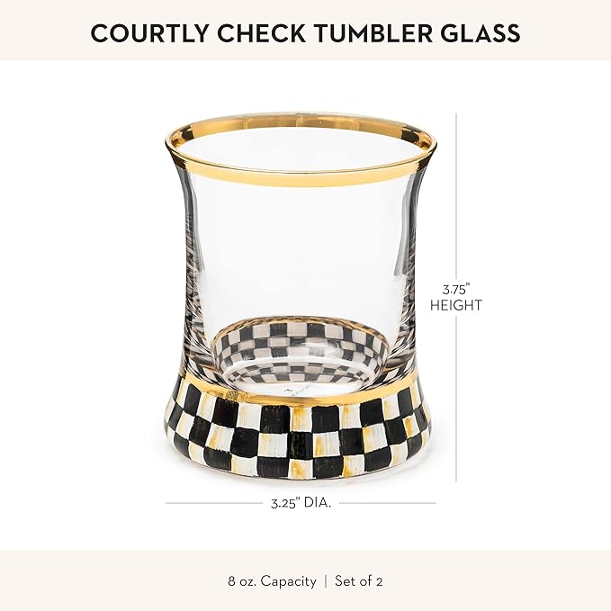 MACKENZIE-CHILDS Tumbler Glasses, Elegant Drinkware, Glasses with Gold Rim, 8 Ounces, Set of 2, Black-and-White Courtly Check