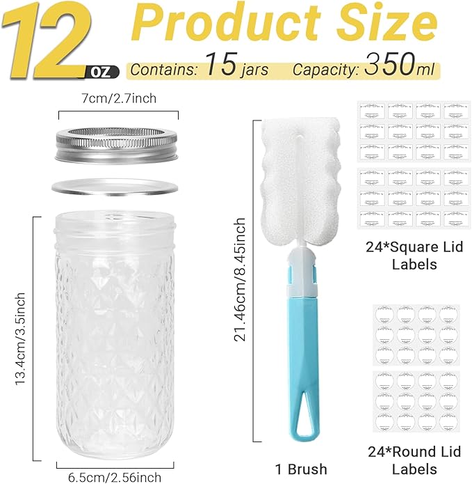 12 oz Glass Mason Jars, 15 Pack Regular Mouth Glass Canning Jars with Silver Aluminum Lids and Bands, Airtight Jam Jars for Food Storage, Pickling, Fermenting, Honey, Jelly, DIY Candles Decor