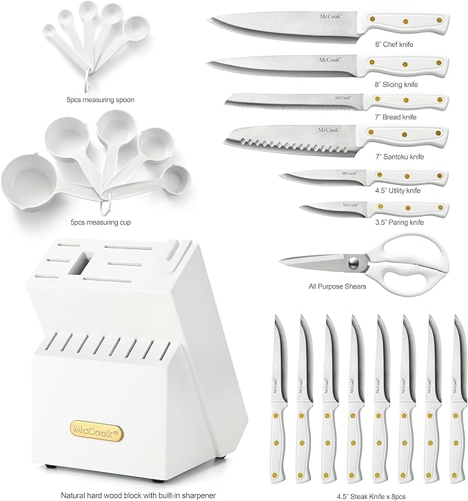 McCook® Knife Sets, White High Carbon Stainless Steel Kitchen Knife Sets with with Built-in Sharpener