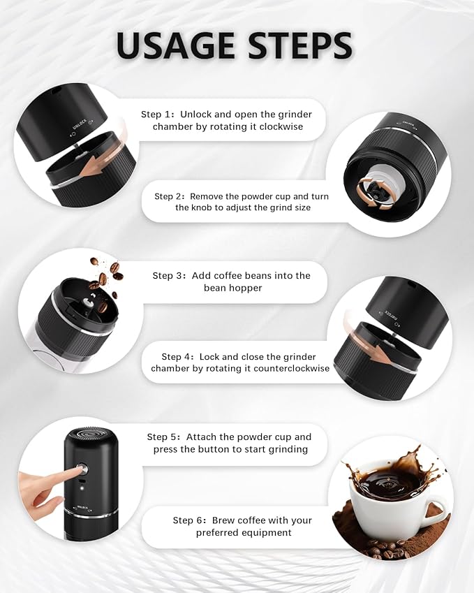 Portable Electric Coffee Grinder，Automatic Coffee Grinder with USB Type-C wireless charging design，Adjustable Coarse to Fine for coffee beans, grains, cleaning brush + cable Includes (black)
