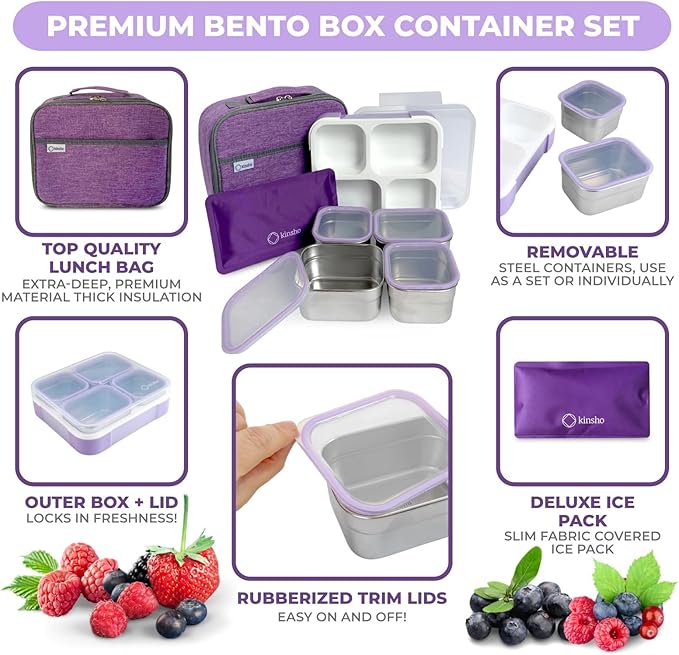 kinsho Stainless Steel Bento Lunch Box Set for Adults, Kids - Insulated Bag and Ice Pack - Leak-Proof Metal Compartment Meal Prep Food & Snack Containers for Work Travel School Daycare, 36 oz Purple