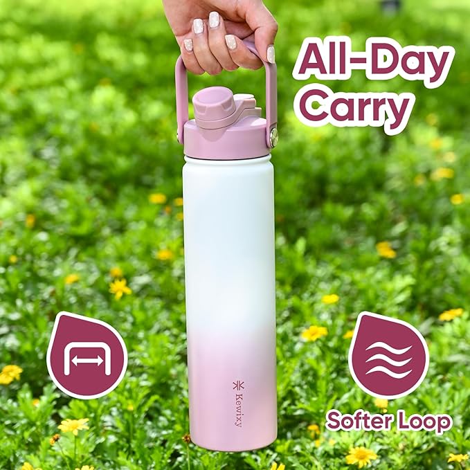24 oz Insulated Water Bottle, 2-in-1 Lid, Straw & Spout with Protected, Leak Proof, Keep Cold, Stainless Steel, Metal, Reusable, Handle, for Travel, Gym and School, 2 Lids, Iced Plum