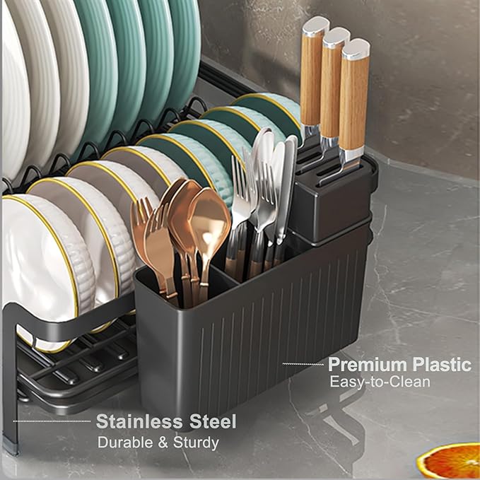 Large Dish Drying Rack with Drainboard,Expandable Dish Rack for Kitchen Counter, Utensil Holder & Cup Hooks,Rustproof Stainless Steel Drying Dish Rack 23.6’’L x 12.6’’W,Black