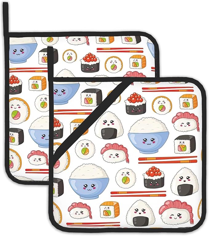 Kawaii Sushi Pot Holder Set of 2,Food Cute Cartoon Kitchen Heat Resistant Potholder for Women Men BBQ Cooking Baking