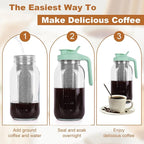 Cold Brew Coffee Maker，64 oz Wide Mouth Mason Jar Pitcher with Stainless Steel Filter, Pour Spout Handle Lid, Heavy Duty Glass Airtight & Leak-Proof Pitcher for iced coffee & Tea Lemonade-Green