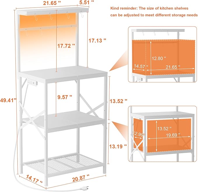 Kitchen Bakers Rack with Power Outlet & LED Lights, Small Coffee Bar Table with Adjustable Storage Shelf, 4 Tiers Microwave Stand with 8 Hooks, Coffee Station for Appliance Organizer, White