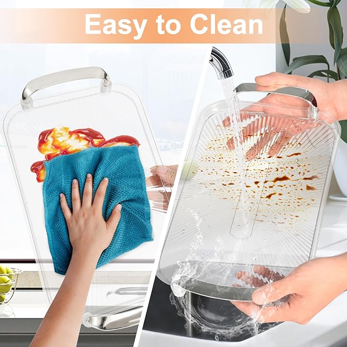 Set of 3 Serving Platters with Handles 16.5/15/13.2 Inch Reusable Large Serving Trays, Party Food Tray, Rectangular Dinner Plates for Cookie, Cake, Turkey, Cheese, Fruit, Snack(Transparent)