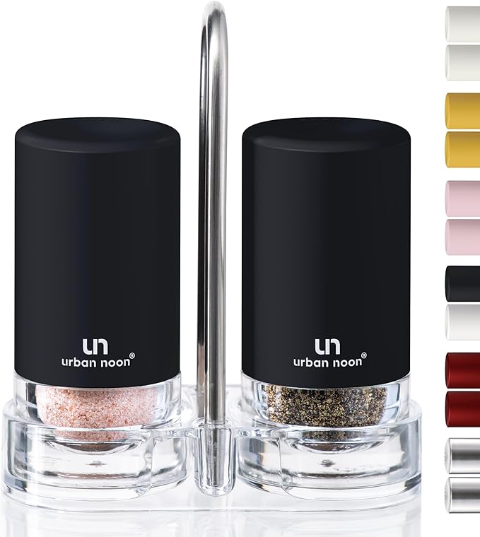 Black Salt and Pepper Shakers with Holder - Elegant Stainless Steel Salt Shaker and Pepper Shaker Set with Acrylic Holder for Kitchen Counter or Restaurant Table