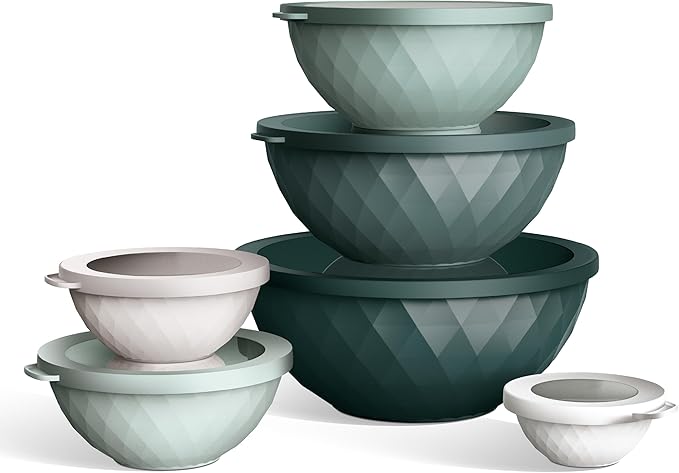 COOK WITH COLOR Mixing Bowls with Lids - 12 Piece Plastic Nesting Bowls Set includes 6 Prep Bowls and 6 Lids, Diamond Design - Microwave Safe (Mint)