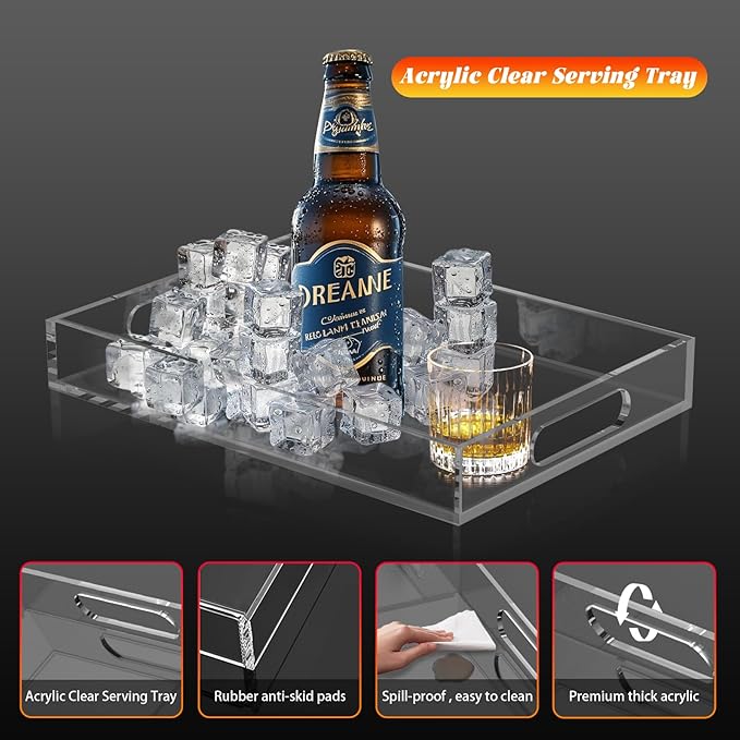 Acrylic Tray for Ottoman,Acrylic Organizers Tray Large, Serving Tray with Handle, Lucite Tray Organizer for Bench, Coffee Table Countertop, Kitchen, Bathroom, Living Room, Powder Room