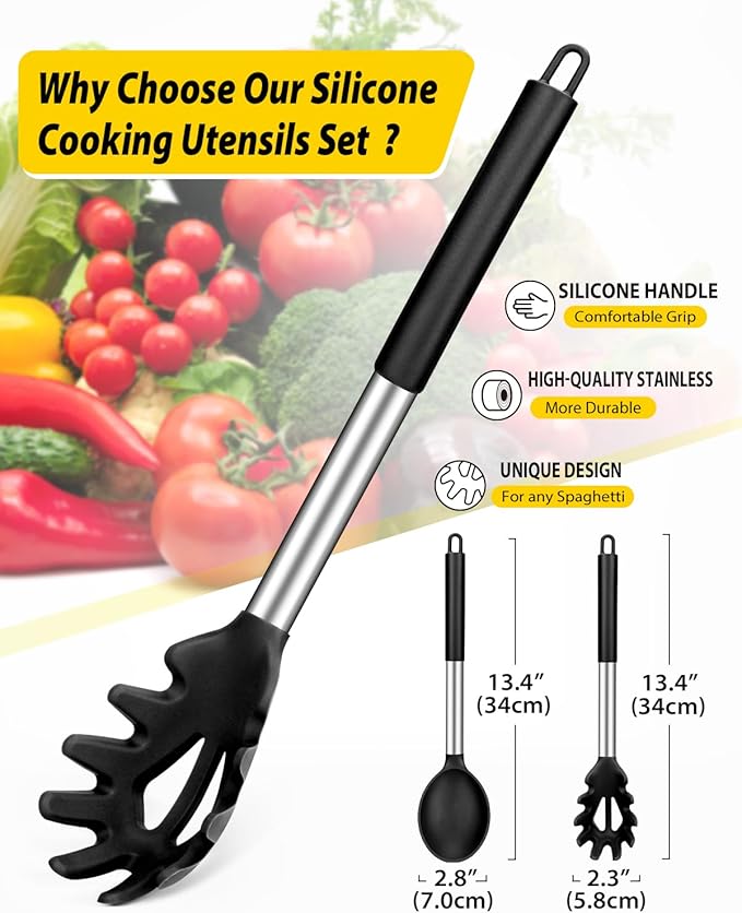 Silicone Pasta Fork and Cooking Spoon Set, Non Stick Kitchen Utensils for Cooking,Stirring,Serving Spaghetti, Soup, Sauce (BLACK)