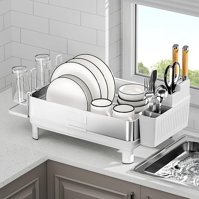 Dish Drying Rack, 304 Stainless Steel Dish Racks for Kitchen Counter, Dish Drainers with Automatic Drainage, Utensil Holder & Cups Holder, Space Saving Kitchen Organizer, White