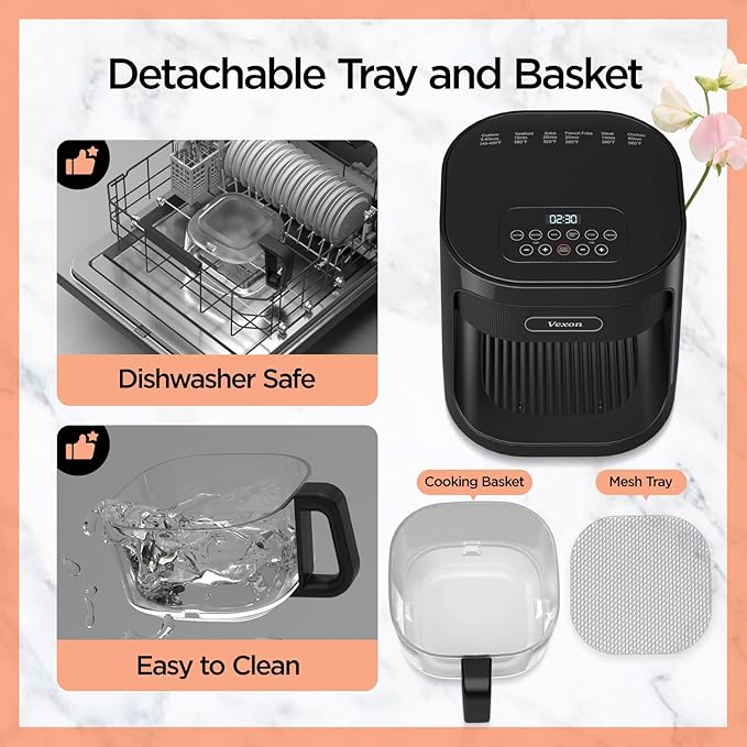 Vexon 4.5L Glass Air Fryer ，Clear Viewing Window ，Easy-to-Clean Basket ，Multiple Cooking Modes ，User-Friendly Digital Controls (Black)