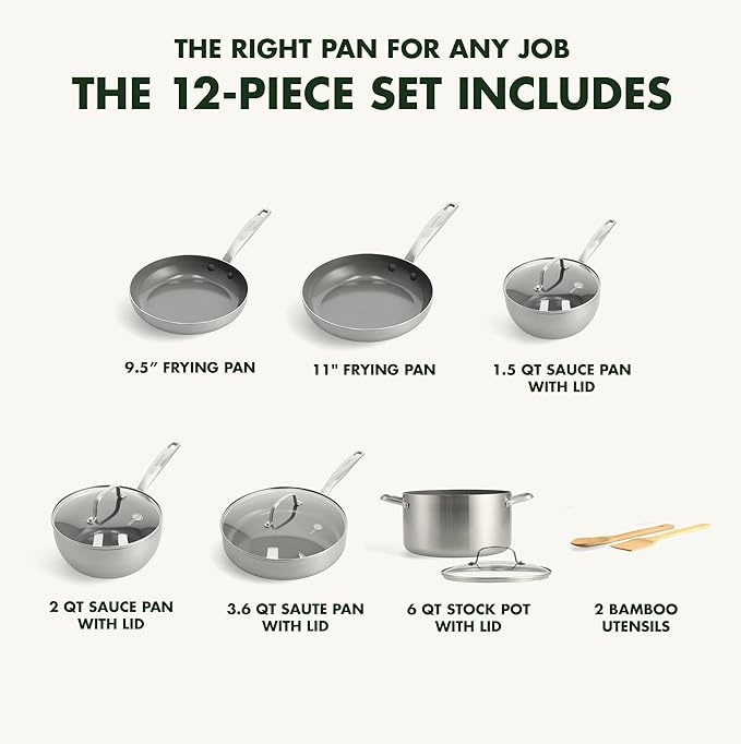 GreenPan Chatham Tri-Ply Stainless Steel 12 Piece Cookware Set, PFAS-Free Pots and Pans, Multiclad, Induction Ready, Fry Saute Sauce Pans, Stockpot, Dishwasher Safe, Oven & Broiler Safe, Silver