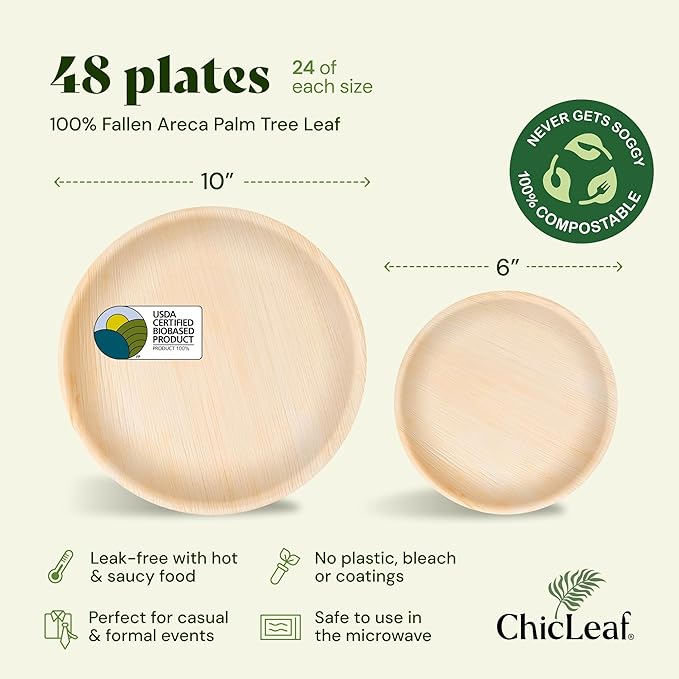 Chic Leaf Palm Leaf Compostable Plates - 10" & 6", 48 Pack - Alternative to Plastic Plates - Biodegradable Dinnerware Sets - For Weddings & Parties