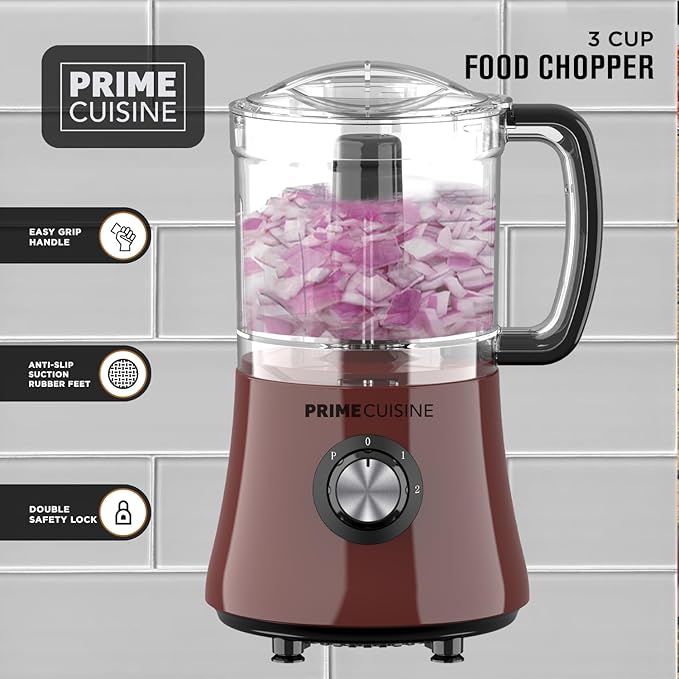Electric Vegetable Chopper & Food Processor, 3 Cup Capacity, For Mincing, Emulsify and Puree, Burgundy