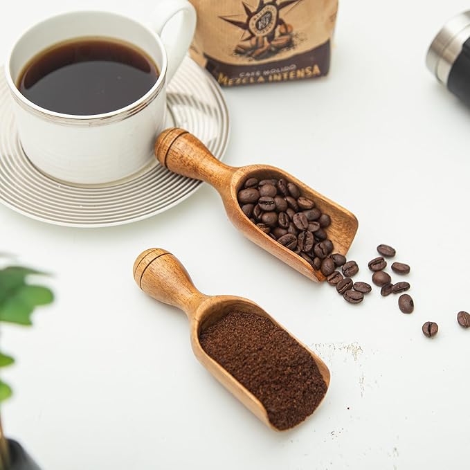 Wooden Scoops for Canisters 2PCS Wooden Flour Scoop for Jars Acacia Wood Scoop Coffee Scoops for Ground Coffee 4.9″Med-size Measuring Spoons Kitchen Scooper for Bath Salt & Laundry Multi-Purpose