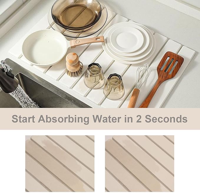 Stone Dish Drying Mats for Kitchen Counter, 24"×16" - Quick Dry Eco-Friendly Diatomaceous Earth Mat, Super Absorbent, Non-Slip Collapsible Dish Drying Mat for Dishes Bottles Cups, Match any Countertop