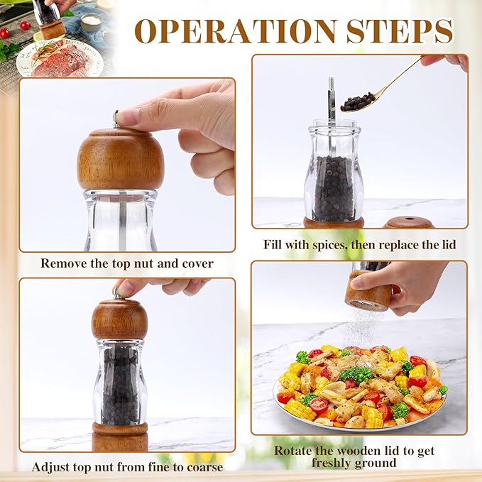 Vintage Wooden Pepper Mill Grinder- 6.3 inches Acrylic Salt & Pepper Shakers with Adjustable Coarseness, Refillable Manual Ceramic Core Grinder for Kitchen, Home, Gift