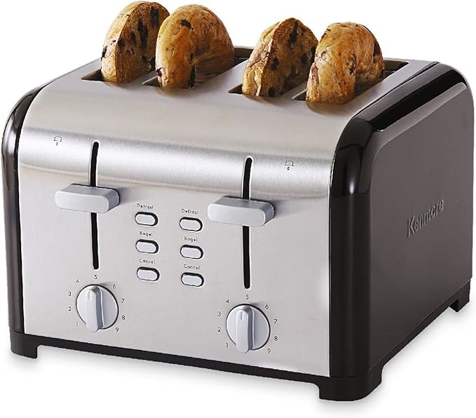 Kenmore toaster 4 slice - extra wide slot countertop kitchen appliance, defrost function, tostador de pan, 9 shade settings, compact design, easy clean crumb tray, bread bagel, stainless steel & black