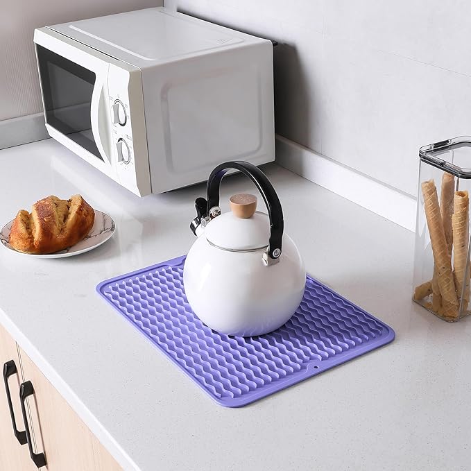 Silicone Dish Drying Mat for Multiple Usage,Easy clean,Eco-friendly,Heat-resistant Silicone Mat for Kitchen Counter or Sink,Refrigerator or drawer liner Light Purple L 16 inches x 12 inches