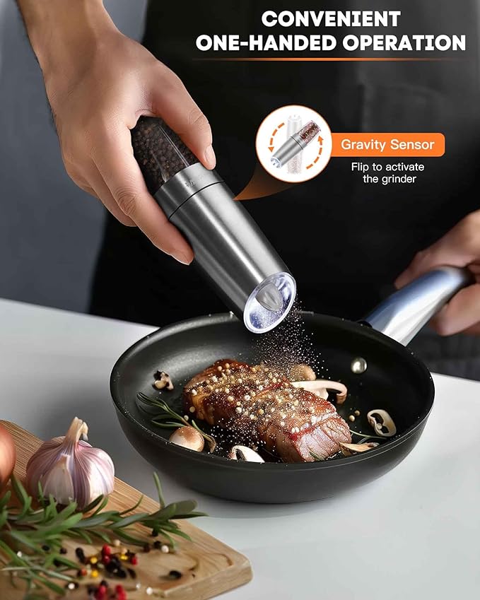 AmuseWit Gravity Electric Salt and Pepper Grinder Set [White Light] - Battery Operated Automatic Pepper and Salt Mills,Adjustable Coarseness,One-Handed Operation,Stainless Steel