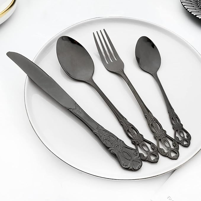 Royal 24-piece Black Mirror Silverware Dinnerware, 18/10 Stainless Steel Luxury Cutlery Set Service For 6 Include Knives/Forks/Spoons/Teaspoons, Dishwasher Safe