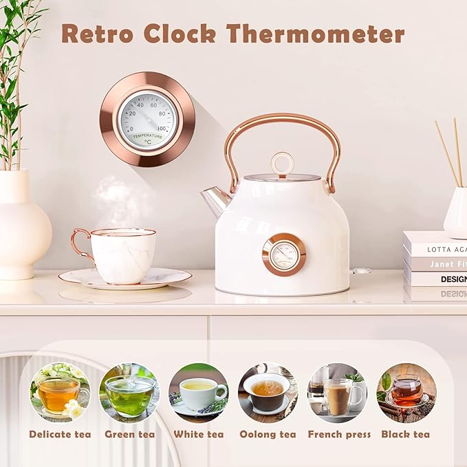 Retro Electric Kettle, 1.7L Stainless Steel Tea Kettle with Large Temperature Gauge, 1500W Fast Heating Hot Water Boiler with LED Indicator, Auto Shut-off & Boil-Dry Protection-Reteo White