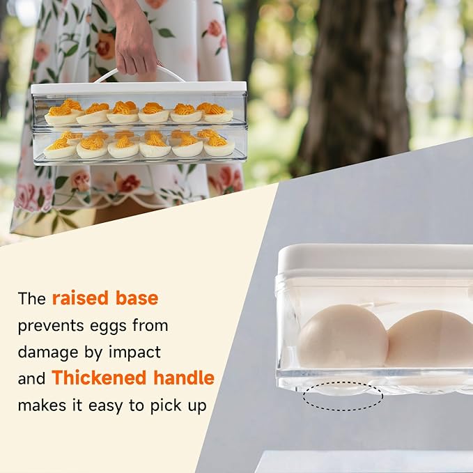 2PCS Deviled Egg Containers With Lid, (Set of 2), PET Clear Deviled Egg Platter With Handle For 48 Eggs, Fridge Stackable Storage Deviled Eggs Tray Carrier, For Camping, Easter, Christmas Thanksgiving