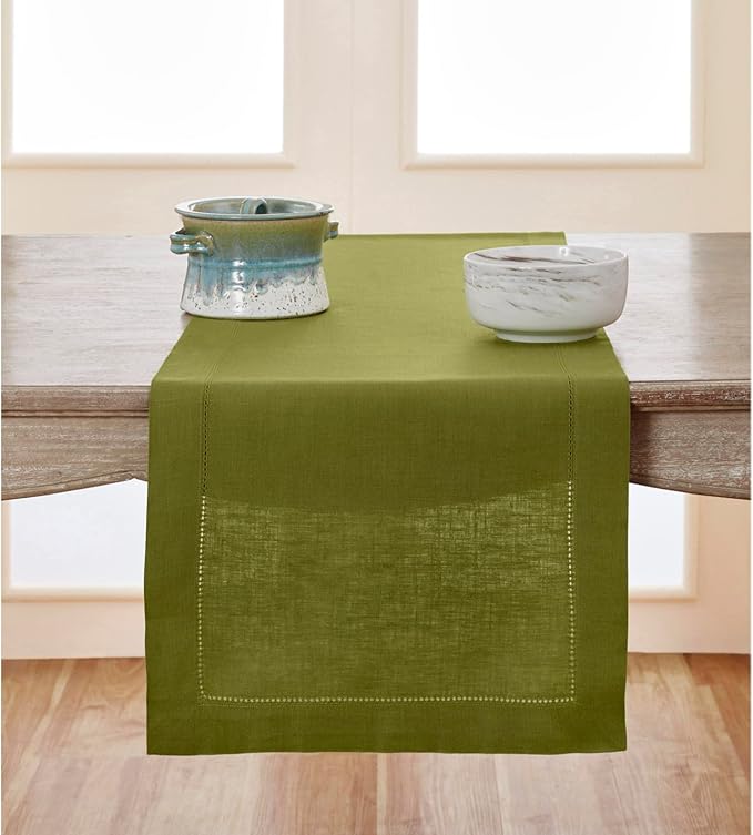 Solino Home Linen Avocado Green Hemstitch Table Runner 48 Inches - 100% Pure Linen Small Table Runner 14 x 48 Inch Ideal for Dresser and Coffee Tables - Classic Hemstitch - Fall, Autumn, Halloween