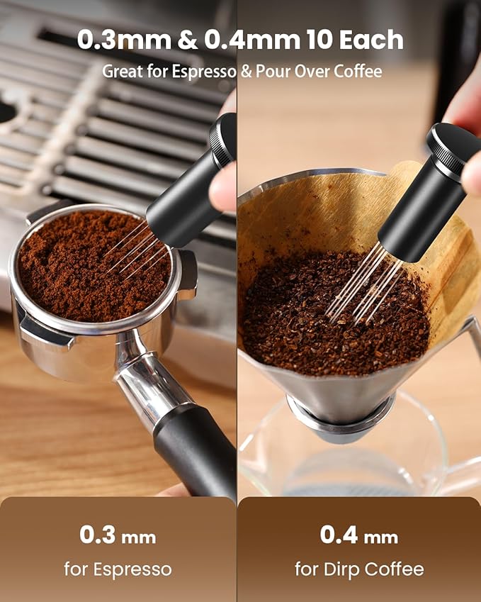 Maestri House WDT Tool, Espresso Distribution Tools Self-Clean with Aluminum Alloy Magnetic Stand, 0.3/0.4mm Needles 10 each for Espresso Stirrer Replacement (Matte black)