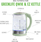 GreenLife 1.7 Liter Glass Electric Kettle, Easy One Touch Use, Quick Heating, Filtered Spout, LED Base, Auto Shut-Off, Cordless Serving, Coffee and Tea, Sage Green