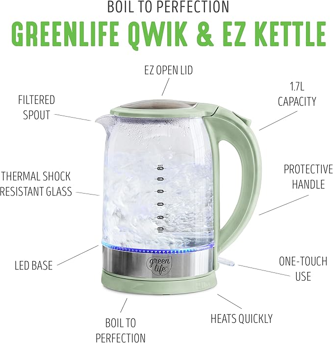 GreenLife 1.7 Liter Glass Electric Kettle, Easy One Touch Use, Quick Heating, Filtered Spout, LED Base, Auto Shut-Off, Cordless Serving, Coffee and Tea, Sage Green