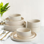 TheTerra Ceramic Dinnerware Sets for 8, 24 Pieces Handmade Reactive Glaze Plates and Bowls Set, Scratch Resistant Dish Set, Oven & Microwave & Dishwasher Safe, Matte White