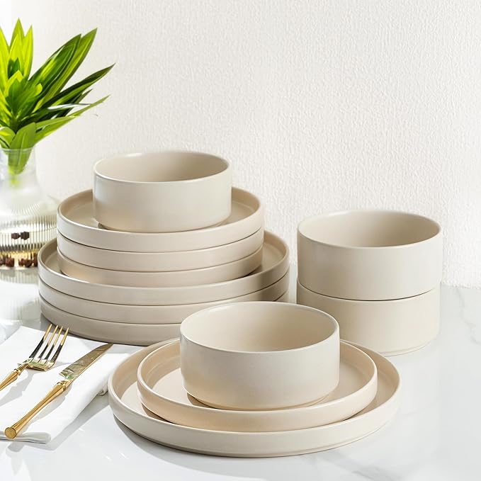 TheTerra Ceramic Dinnerware Sets for 8, 24 Pieces Handmade Reactive Glaze Plates and Bowls Set, Scratch Resistant Dish Set, Oven & Microwave & Dishwasher Safe, Matte White