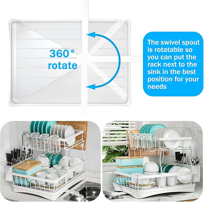 7 code Large Dish Drying Rack, 2-Tier Dish Racks for Kitchen Counter, Detachable Large Capacity Dish Drainer Organizer with Utensil Holder, Dish Drying Rack with Drain Board, White