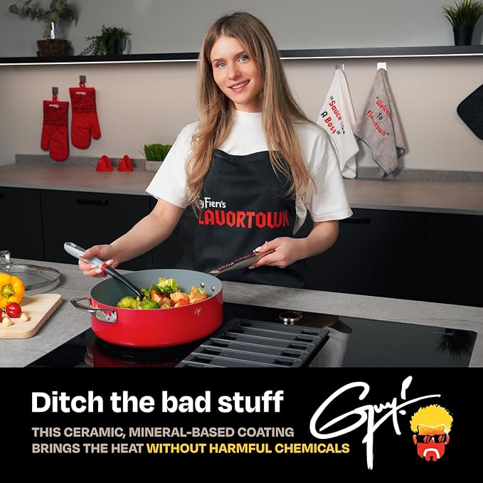 Guy Fieri's Flavortown 11-Piece Ceramic Cookware Set, Nonstick Pots and Pans for Cooking, Made without PFAS PTFE PFOA, Oven Safe, Dishwasher Safe, Easy to Clean Everyday Cookware, Red